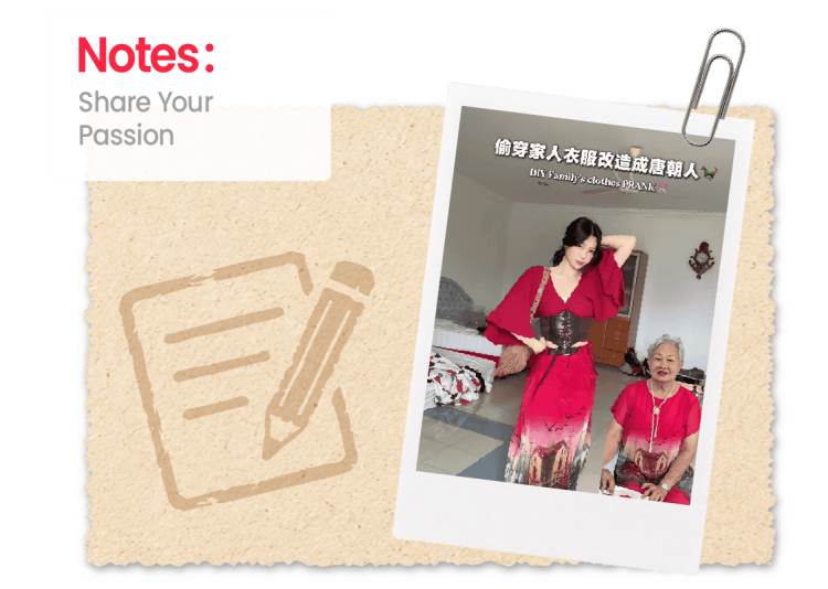 Notes: share your passion, featuring a rednote post about restyling family clothes into Tang dynasty outfits